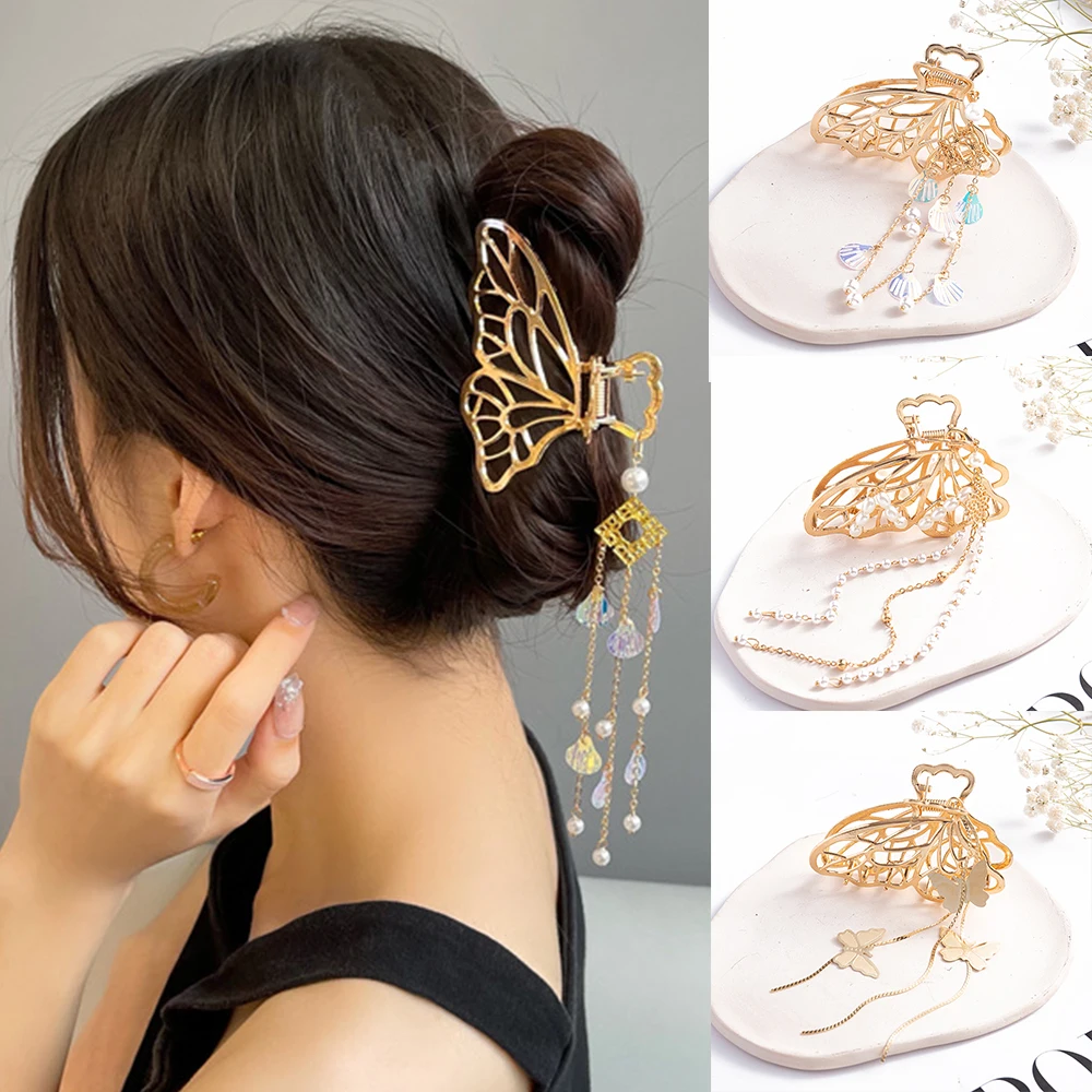 New Women Gold Butterfly Hair Claw Tassel Shell Pearl Vintage Long Pendant Hair Clips Crab Headband Bow Hairpin Hair Accessories