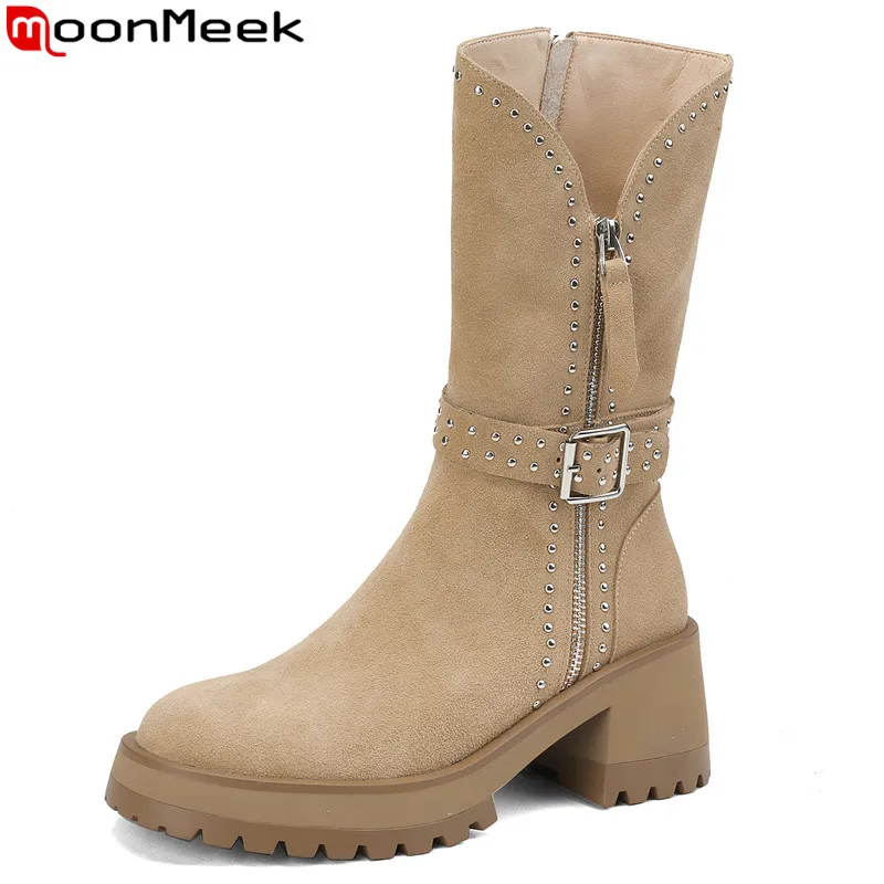 

MoonMeek 2023 New Top Sale Ladies Zipper Mid Calf Boots Cow Suede Leather Buckle Winter Boots Square High Heels Platform Shoes