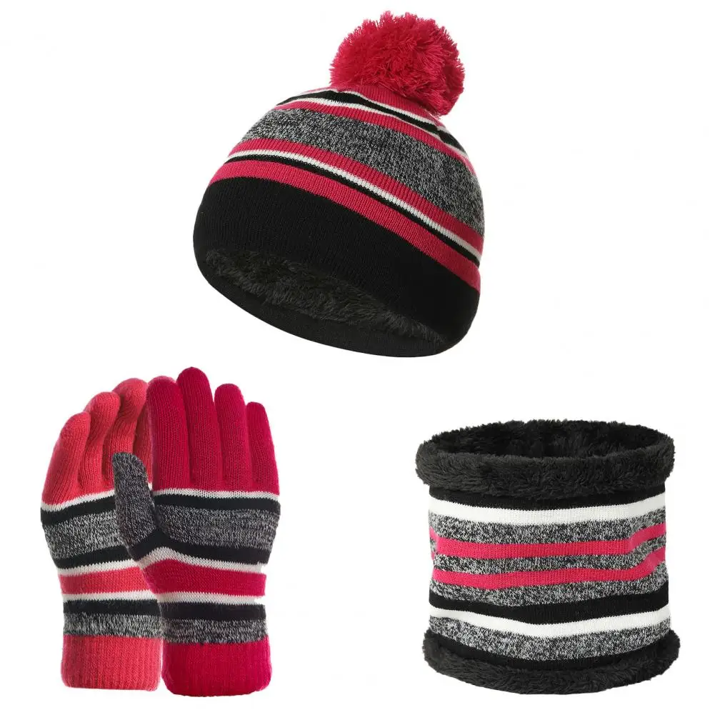 Conjunto de guantes elásticos para niños, gorro de punto grueso, bufanda, suave, a rayas, para otoño e invierno, 1 Juego