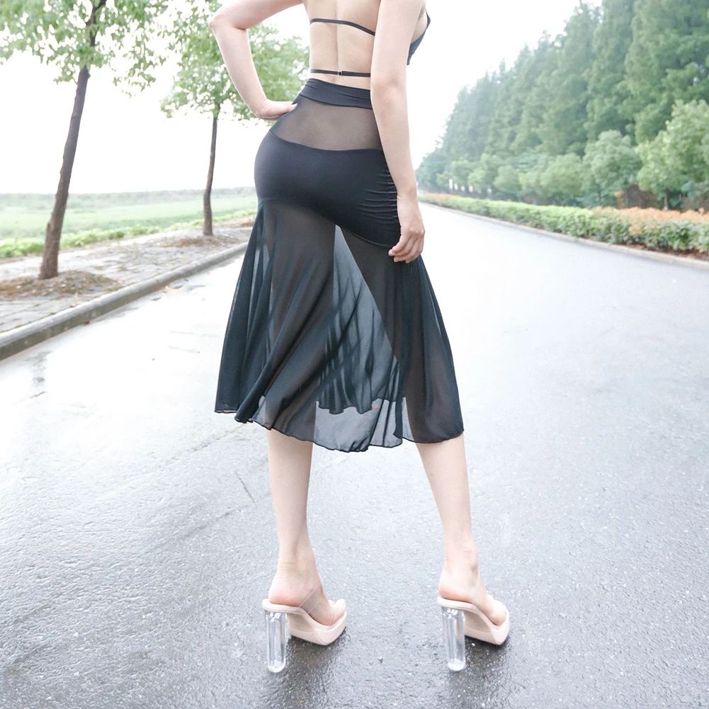 Women Sexy Mesh Sheer Swallowtail Package Hip A-Line Skirt High-rise See Through Dress Transparent Slim Fitting Night Clubwear