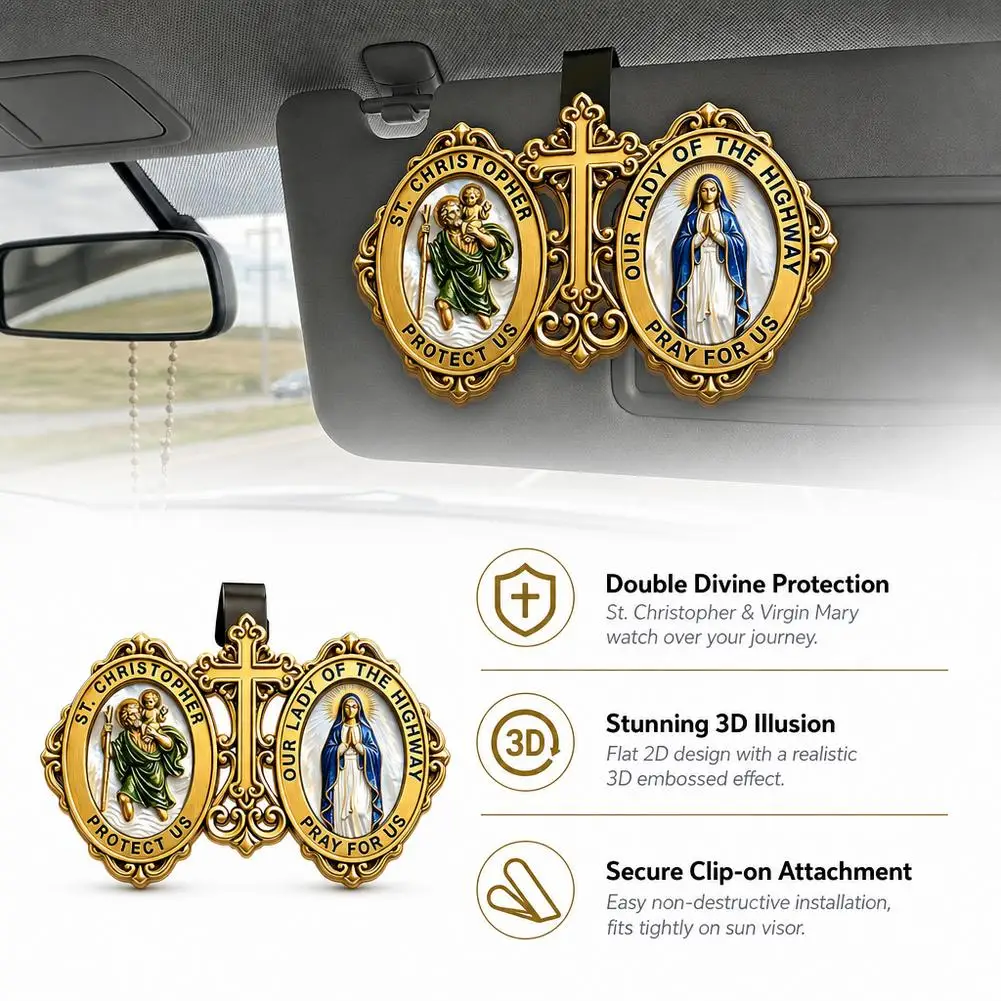 Car Visor Clip Ornament St. Christopher and Our Lady of The Highway Visor Clip Light Flat Fit Standard Vehicle Sun Visor Gift
