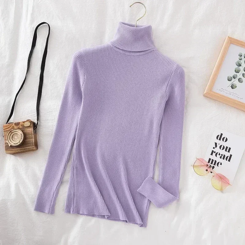 

2023 Fashion Casual Bottoming Turtleneck Sweaters Long Sleeve Knitted Women Solid Color Knit Tops Jumper Pullover Sweaters 29679