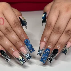 24pcs Blue Halo False Nail 3D Bead Spider Star Decor Fake Nail Patches Wearable Ballet Coffin European Style Press on Nail Tips