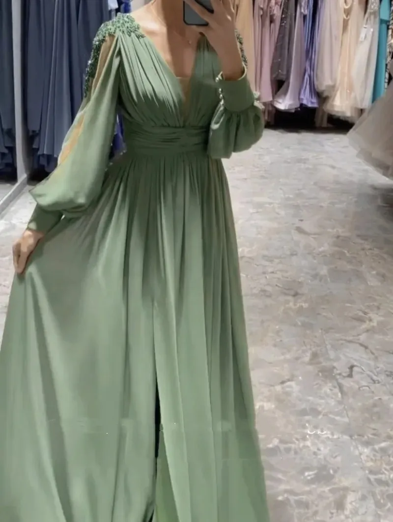 Vestidos De Baile De Chiffon Verde A Linha, Decote Em V, Mangas Longas Puffy, Vestido De Noite Frisado Para Casamento, Fenda Lateral, Vestido De Festa De Celebridades