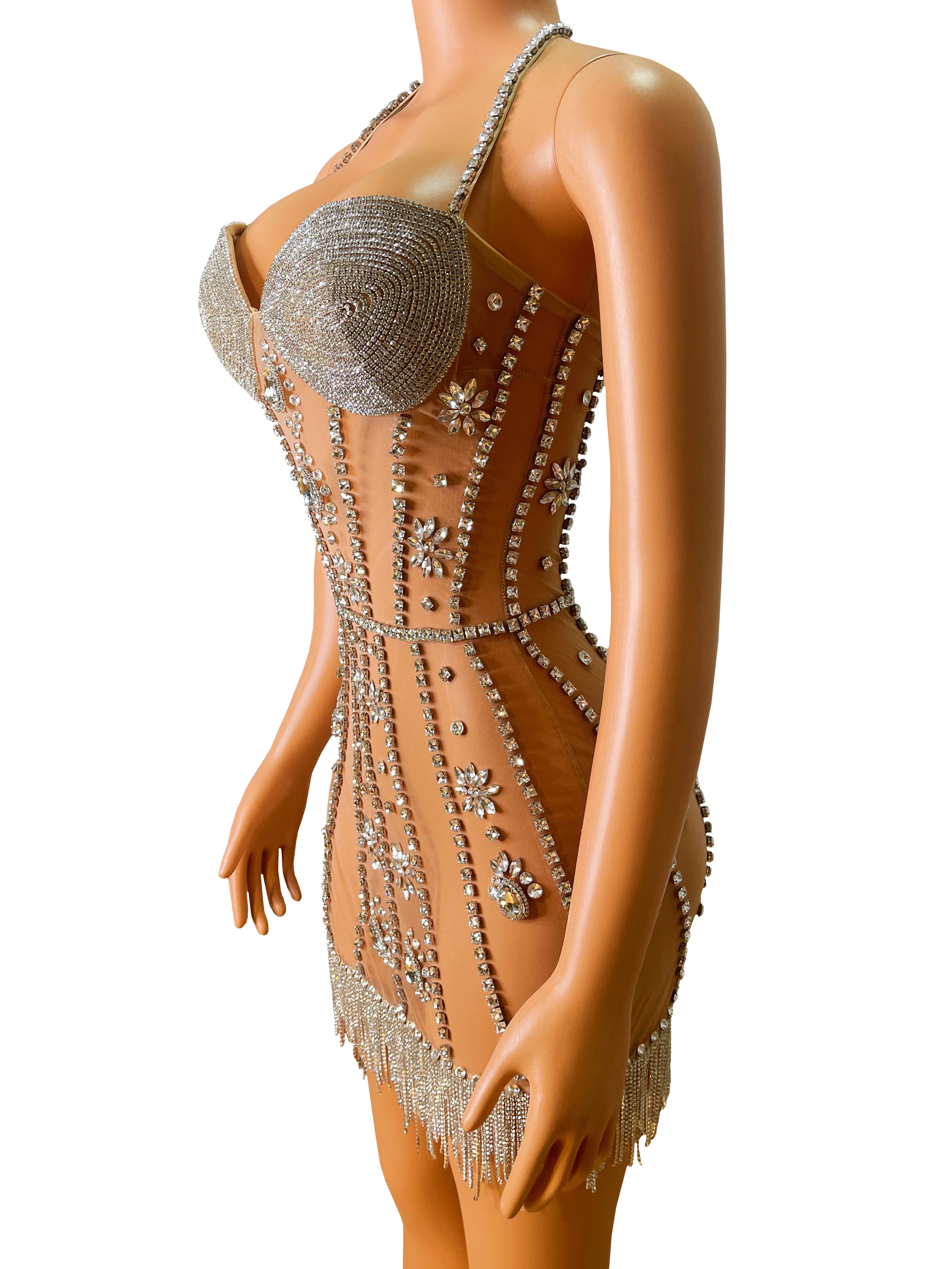 Crystals Finges Transparent Dress Rhinestones Chains Outfit Costume Birthday Celebrate Sexy Stage Performance Outfit