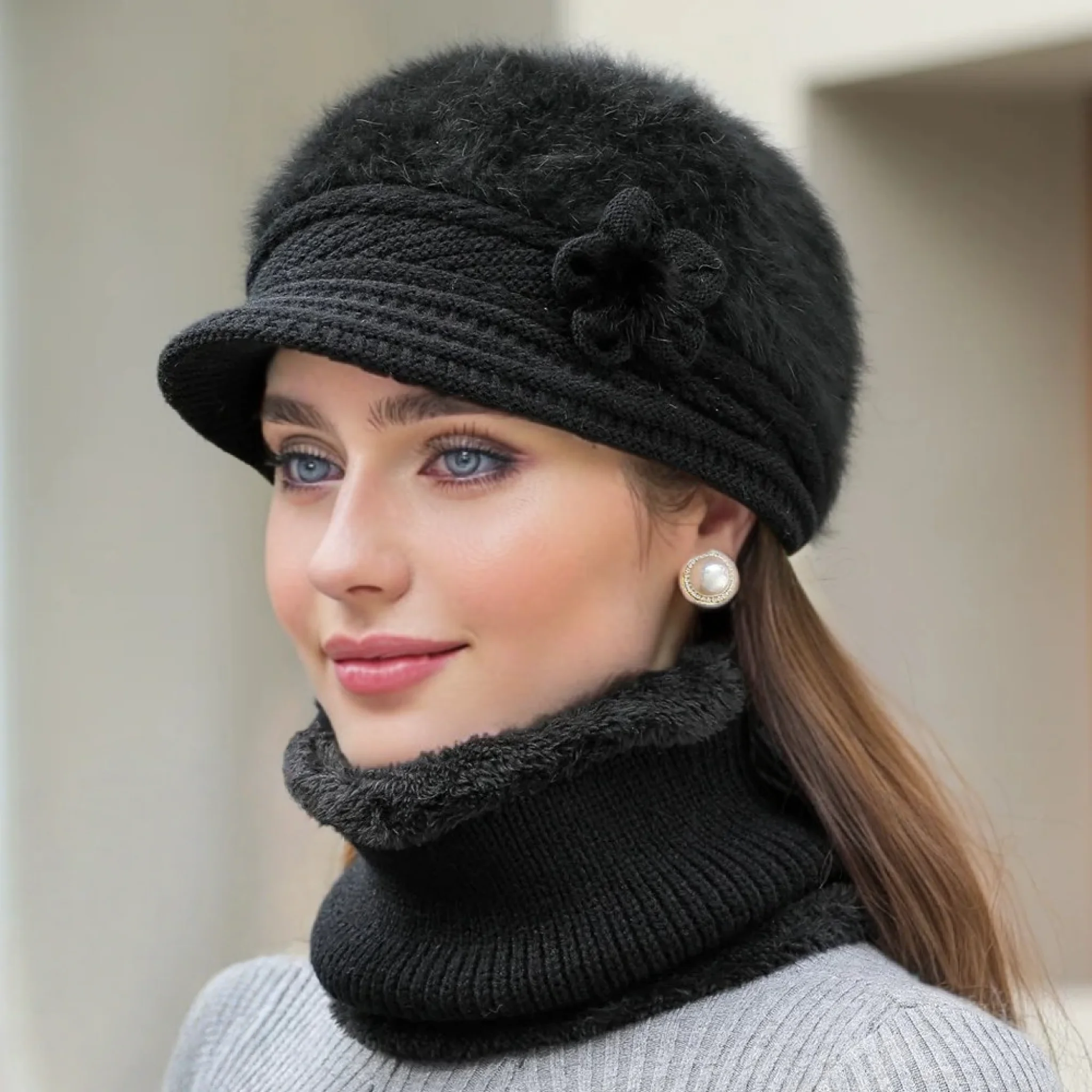 Heißer Verkauf Frauen Halten Warme Mütze Anzug Mode Plüsch Fell Gefüttert Winter Caps Set Outdoor Faux Pelz Gestrickte Hüte
