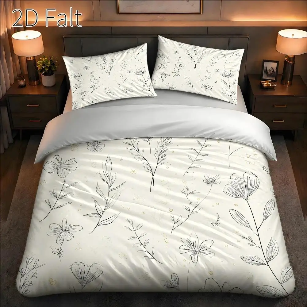 3-Piece Quilt Cover Set, 1 Quilt Cover + 2 Pillowcases (Without Filling) 2D Flat Priting, Three-Piece Quilt Cover Set, Natural Plant-Themed Pattern, Simple Hand-Painted Style, No Specific Holiday Theme, Suitable for All Seasons, Machine Washable, Invisible Zipper, Large Quilt Cover Set, Bedding Set, Skin-Friendly, Breathable, Soft and Comfortable, Does Not Fade or Pill, Suitable for Home/Dormitory/Master Bedroom/Guest Room