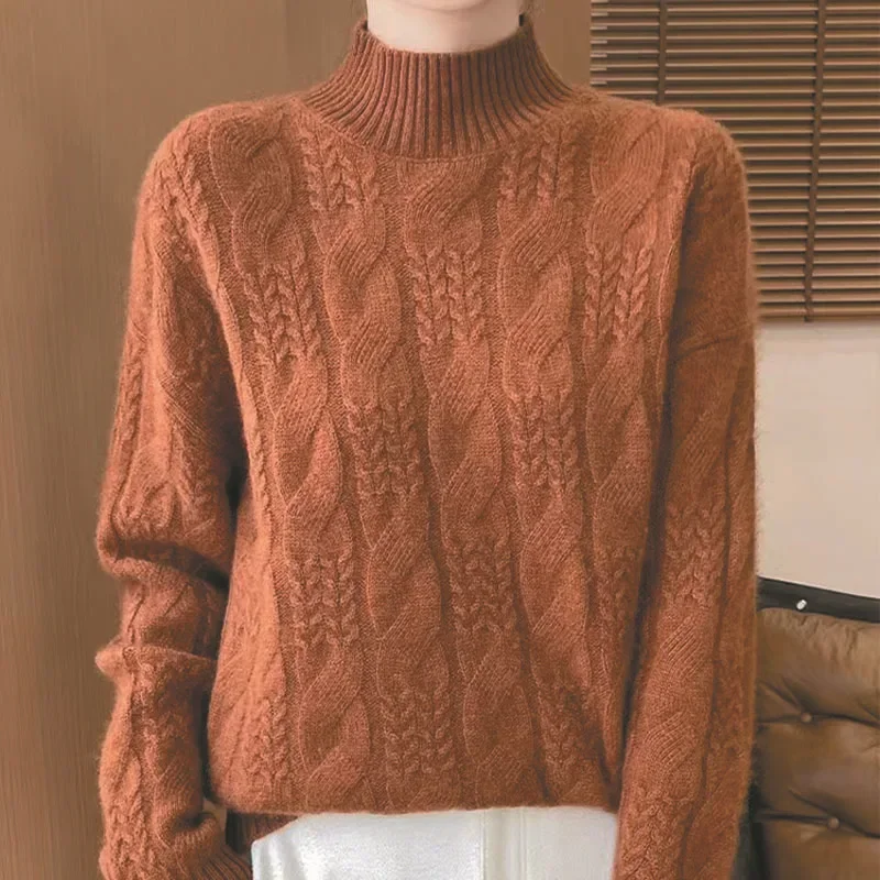 

Women's Autumn Winter New Style Soft Comfortable Versatile Base Layer Shirt Thickened Half High Collar Twist Knit Sweater