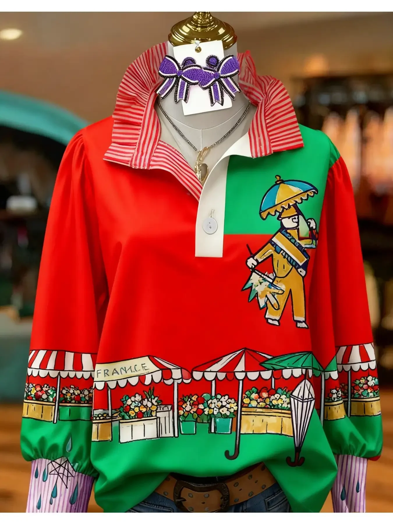 Christmas women's striped shirt with multi-color striped collar and half button shirt with Perris pattern, 