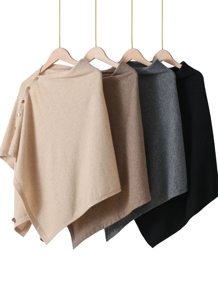 2026 New Autumn Winter Poncho Outerwear Women Pure Cashmere Shawl Solid Color Warm Side Button Knit Cape