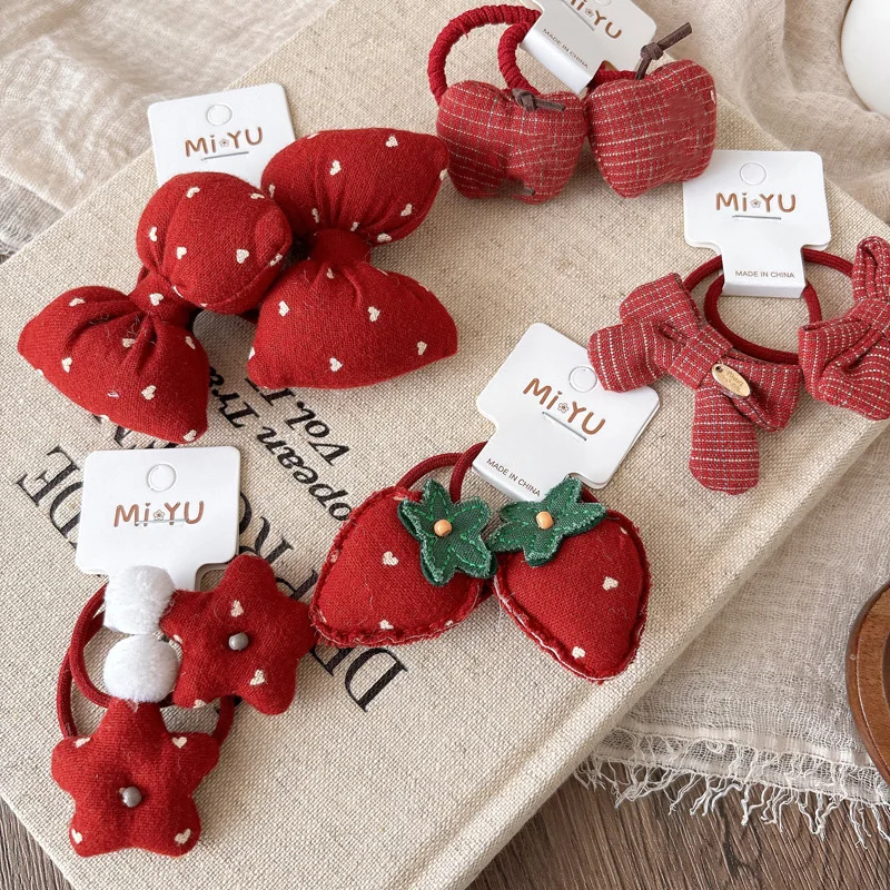 

Red Bow Hair Tie for Girls Korean Ponytail Elastic Band Sweet Strawberry Baby Hair Ring New Years Gifts 2Pcs/set