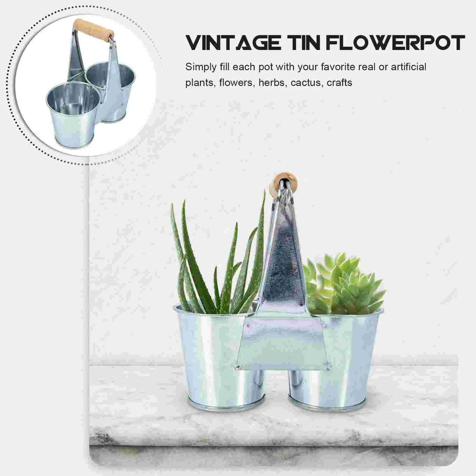 Tin Succulent Flower Pot Iron Metal Bucket Floral Arrangement Vase Pots Planting Wood Handle