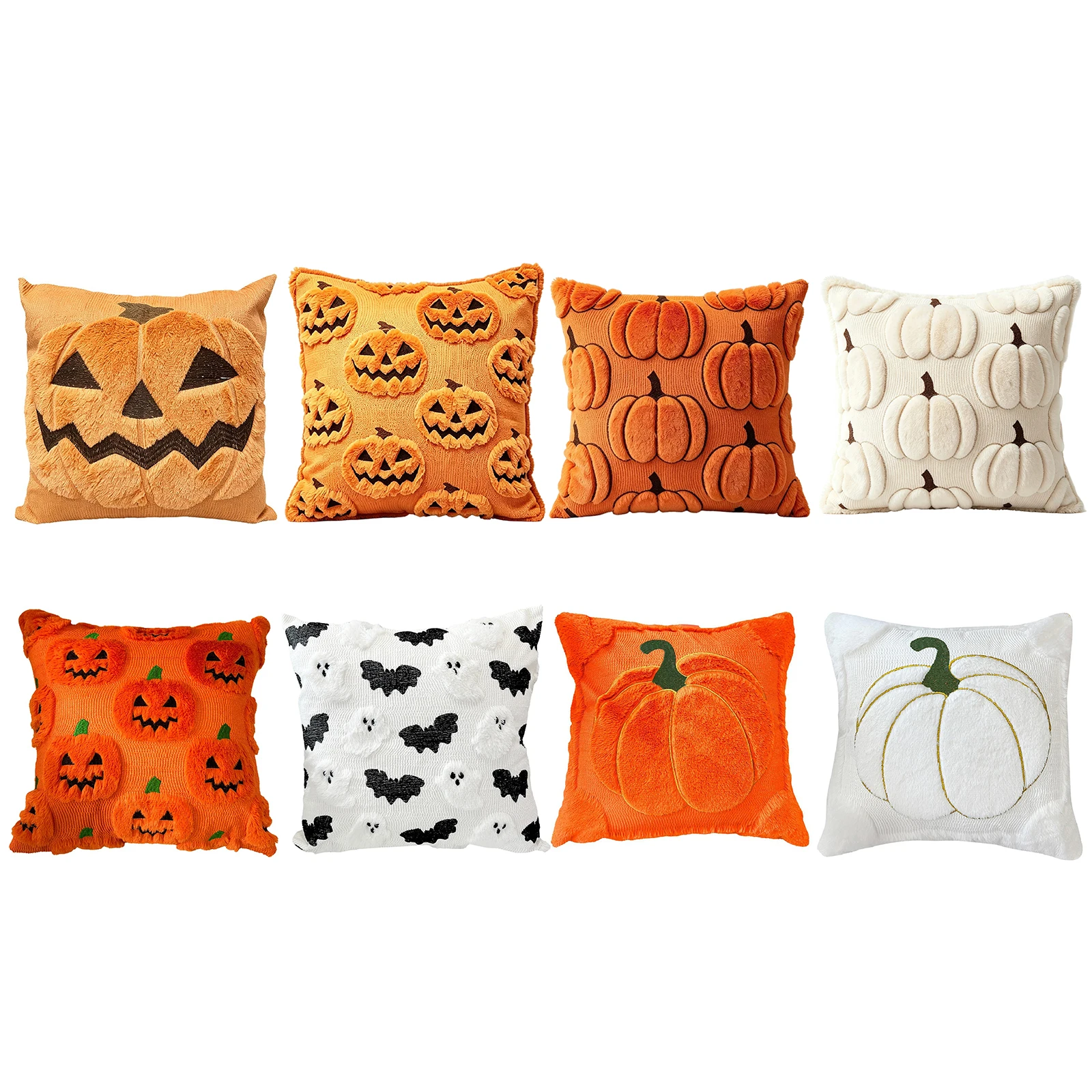 Polyester Halloween Throw Pillow Cover 18x18 Pumpkin Ghost Plush Faux Fur Embroidery Hidden Zipper Cushion