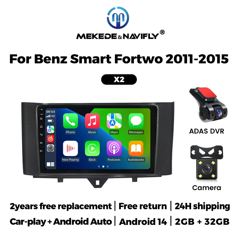 Android 14 Car Radio CarPlay For Mercedes-Benz Smart Fortwo 451 2005-2015 Car Intelligent System Multimedia Navigation Stereo BT