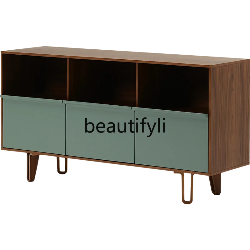 

Nordic expression medieval retro style black walnut color matching drawer side cabinet TV cabinet