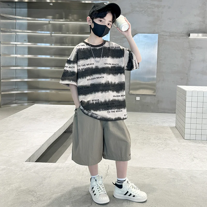Kids Luxury Summer Stripe Clothes Set for Teen Boy Cotton Tshirt Shorts 2 Pcs Tracksuit Outfit Child Casual Top and Bottom Suit - Image 3