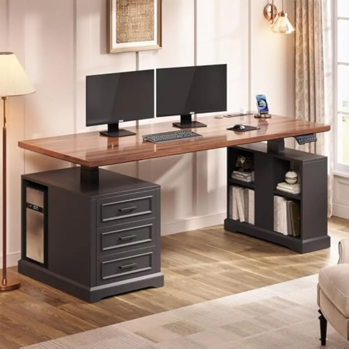 63 Inch Electric Height Adjustable Standing Desk Farmhouse Style Wood Top with 3 Drawers Open Shelves CPU Holder LED Control Pan