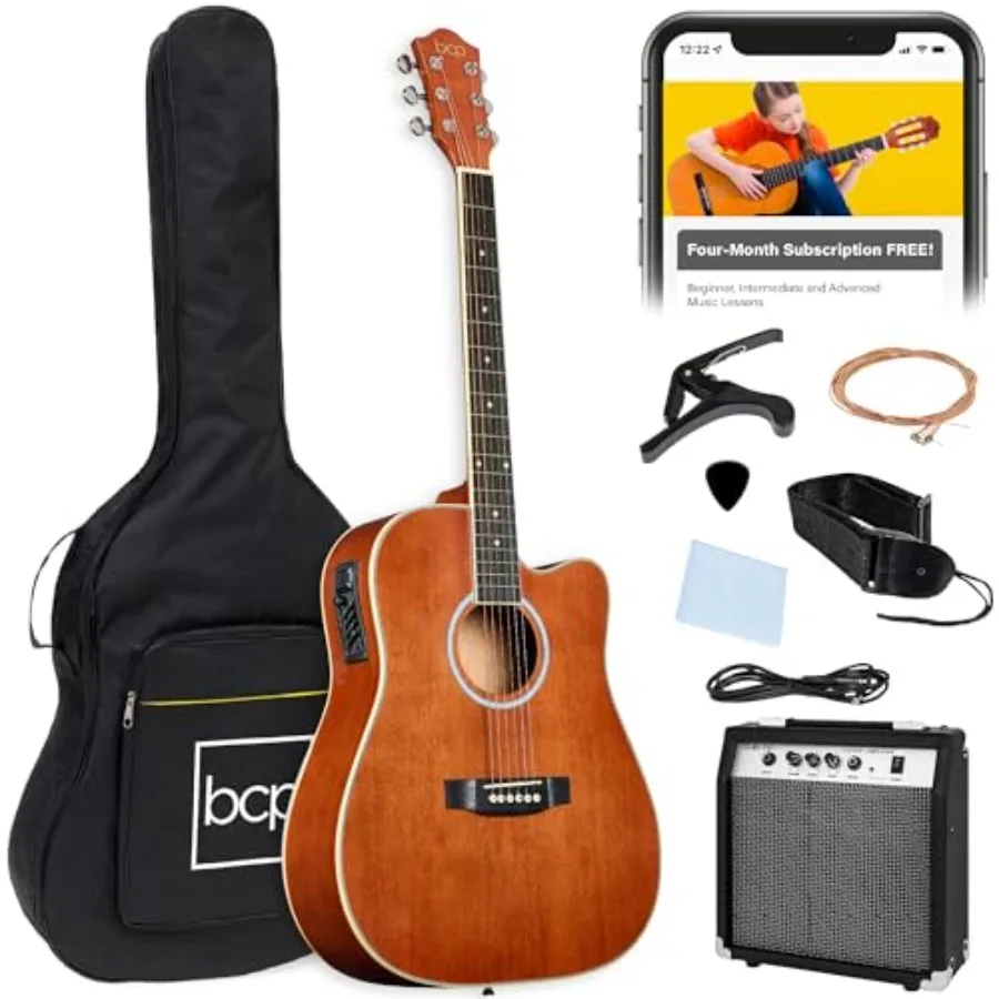 

Beginner Acoustic Electric Guitar Starter Set with 41in All Wood Cutaway Design Gig Bag Strap Picks - Natural Mahogany