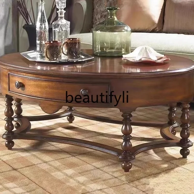 

A26 американский ретро овальный журнальный столик из цельного дерева с ящиком для гостиной, небольшой квартиры, журнальный столик из орехового дерева