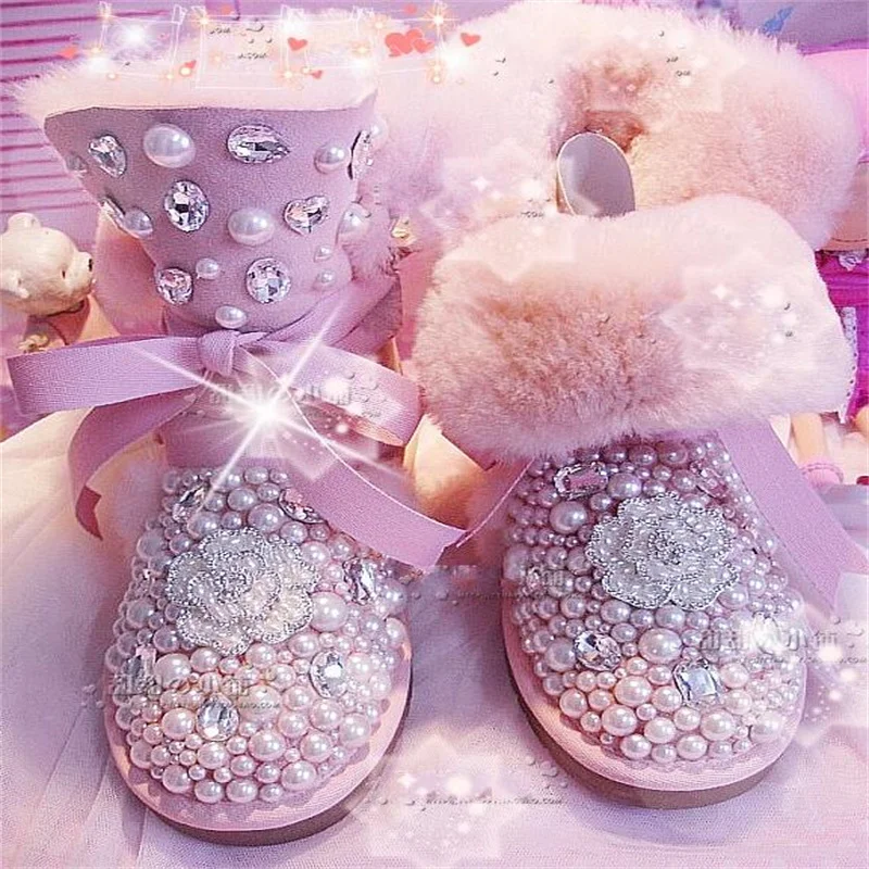 Handgemaakte op maat gemaakte roze parelbloem Diamond Accessoires Fur One Snowboots Plus size Party party katoenen damesschoenen 35-44