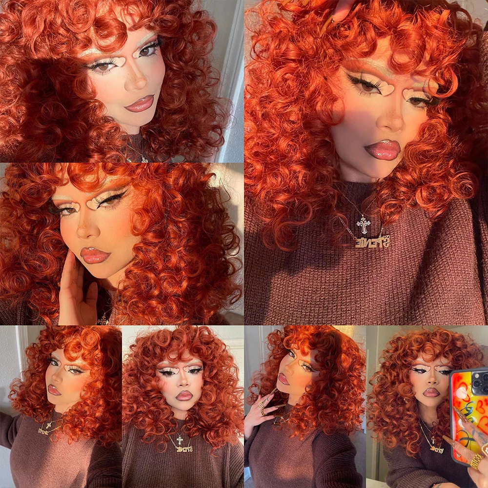 Red Ginger Wig for Women Long Curly Wave Wigs with Bangs Copper Synthetic Wig Natural Cosplay Party Heat Resistant Hair Hihoo