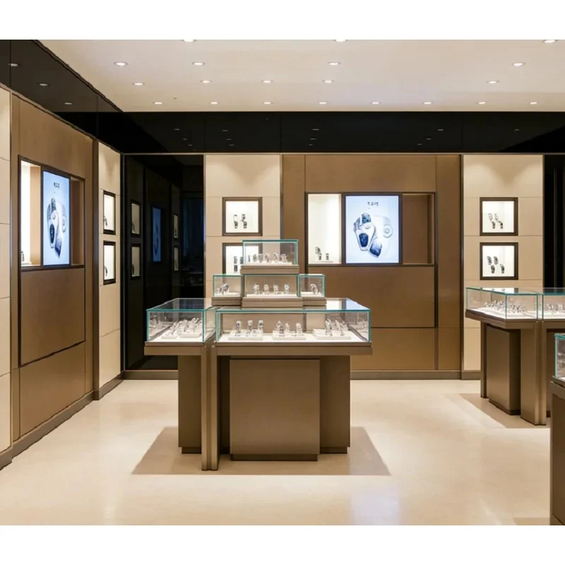 custom.Custom Luxury Multi-Level Watch Island Counter Premium Stainless Steel Jewelry Display LED Lighting Customized Showr