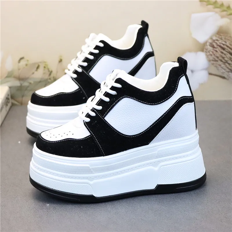 New 2024 Spring Women's Vulcanize Shoes 12cm Wedges with Straps in Black and White, Perfect for Short Women platform shoes