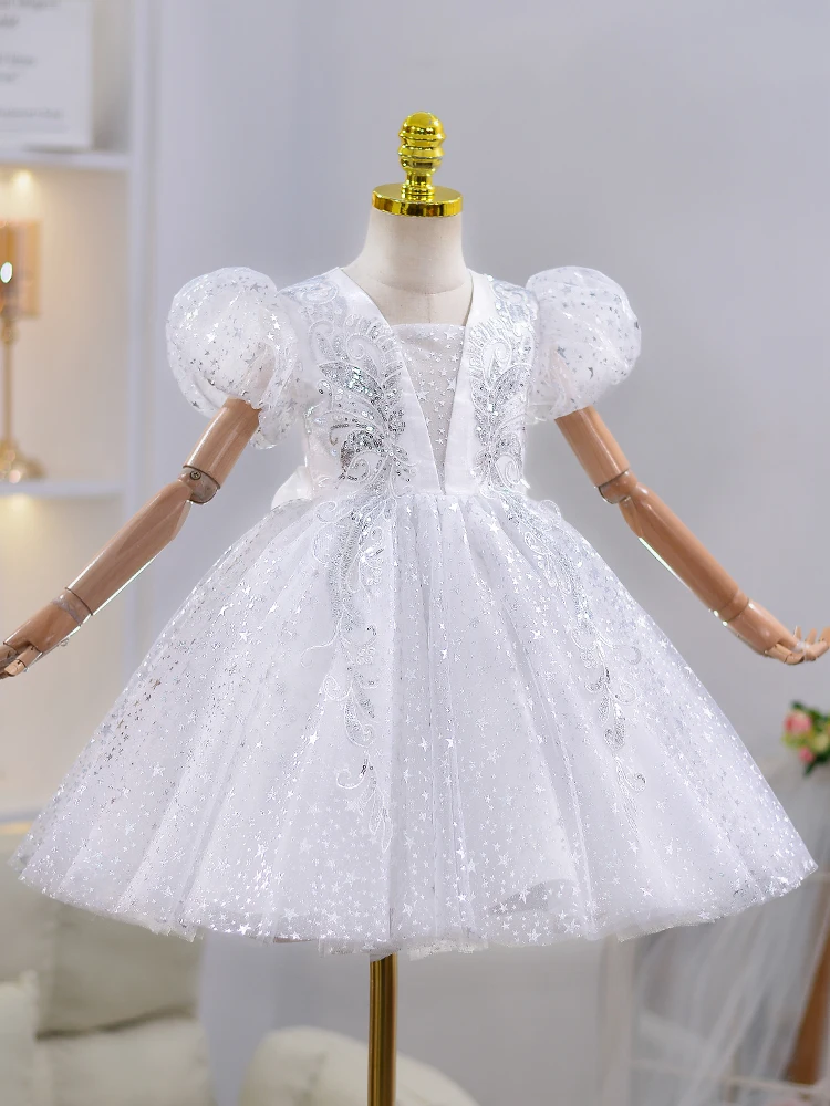 Girls' dress, high-end and trendy birthday, children's light luxury, host princess dress, summer dress, white performance dress