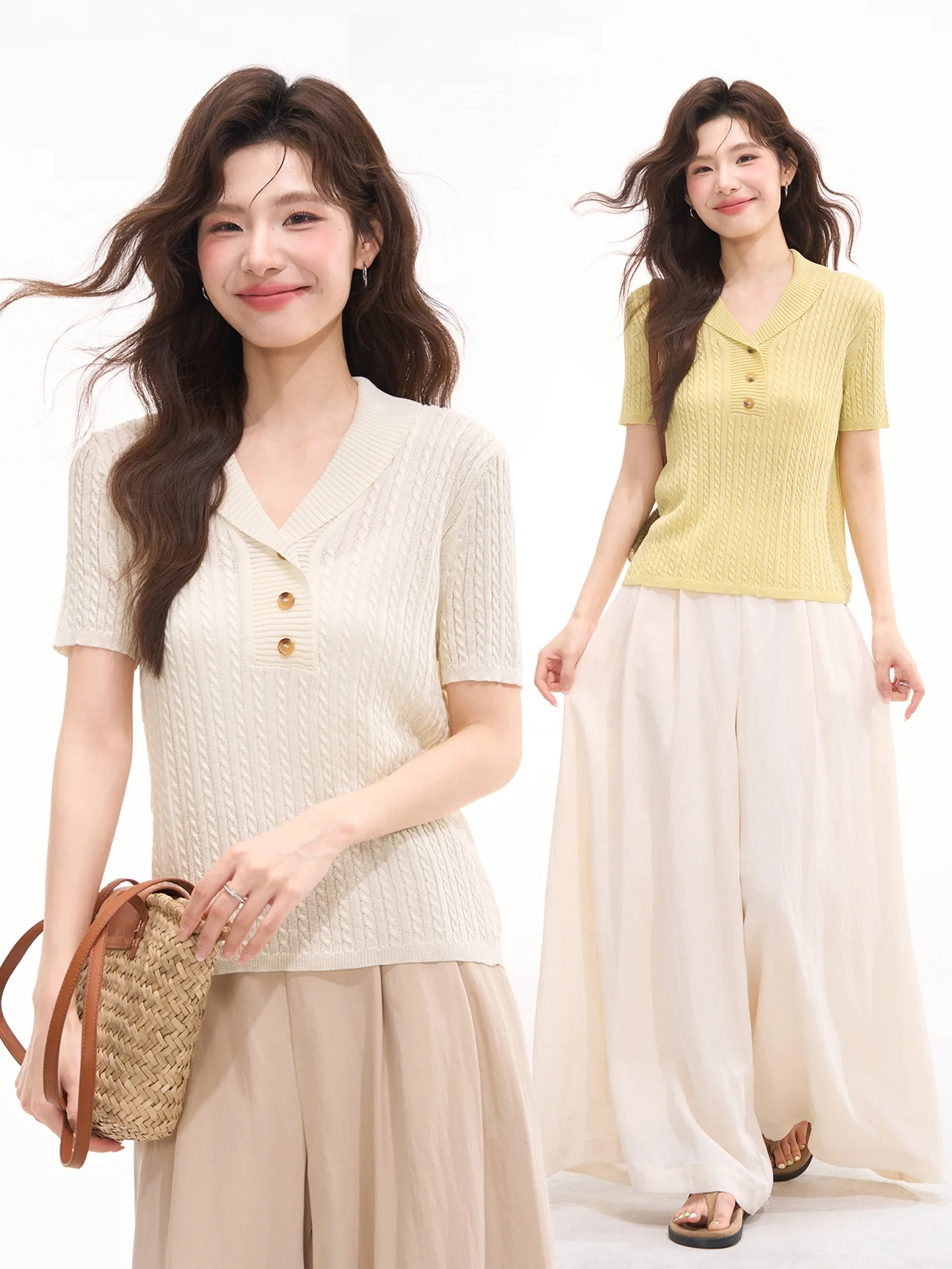 

Heme Casual Style Knitted Short Sleeve Shirt Women's Loose Twist Neck Top Summer Fashionable Versatile Comfortable Knitwear