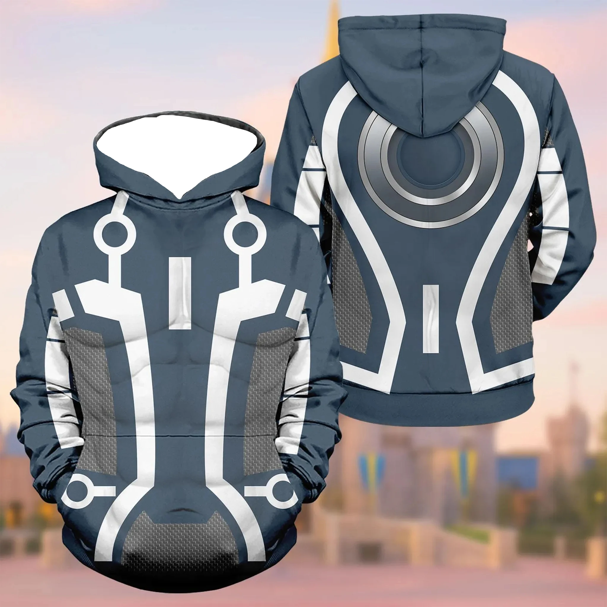 جديد الرجال الأبيض مقنعين البلوز الخيال العلمي ترون الدائرة ضوء نمط طباعة الخريف الشتاء عارضة الشارع الشهير أعلى