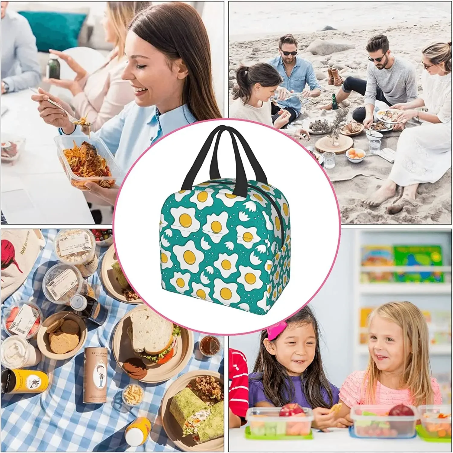 Kawaii Fried Egg Lunch Box borsa da pranzo riutilizzabile per viaggi Picnic Shopping Work Food Container per donna uomo adulti