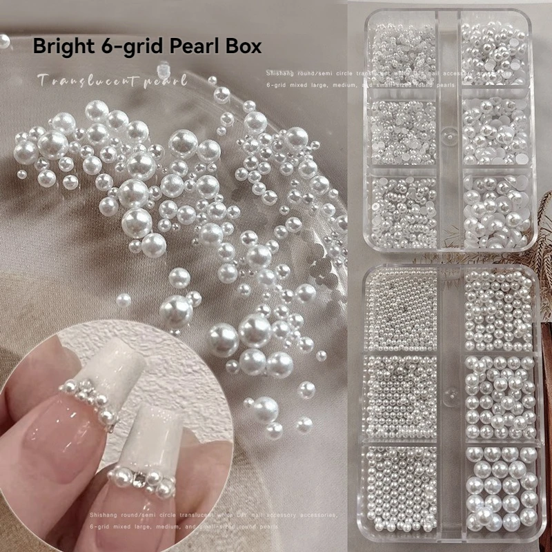 6Grids White Circular/Semi-circular Flatback Nail Pearls For Nail Art Decoration Half Round Pearls For Crafts For Makeup Pearls