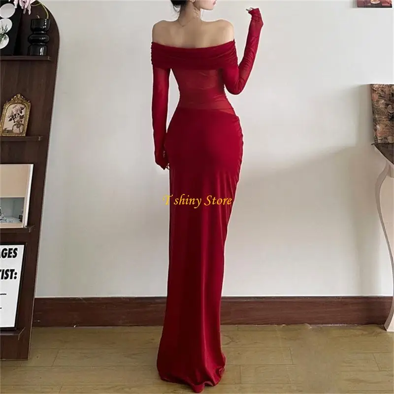n58f 여자의 긴 소매 오프 어깨 ruched sheer mesh maxi dress for Evening Party