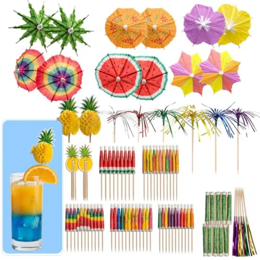 

80 Pcs Cocktail Umbrellas for Drinks, 8 Tropical Styles Drink Decorations for Hawaiian Party Including Watermelon, Rainbow and