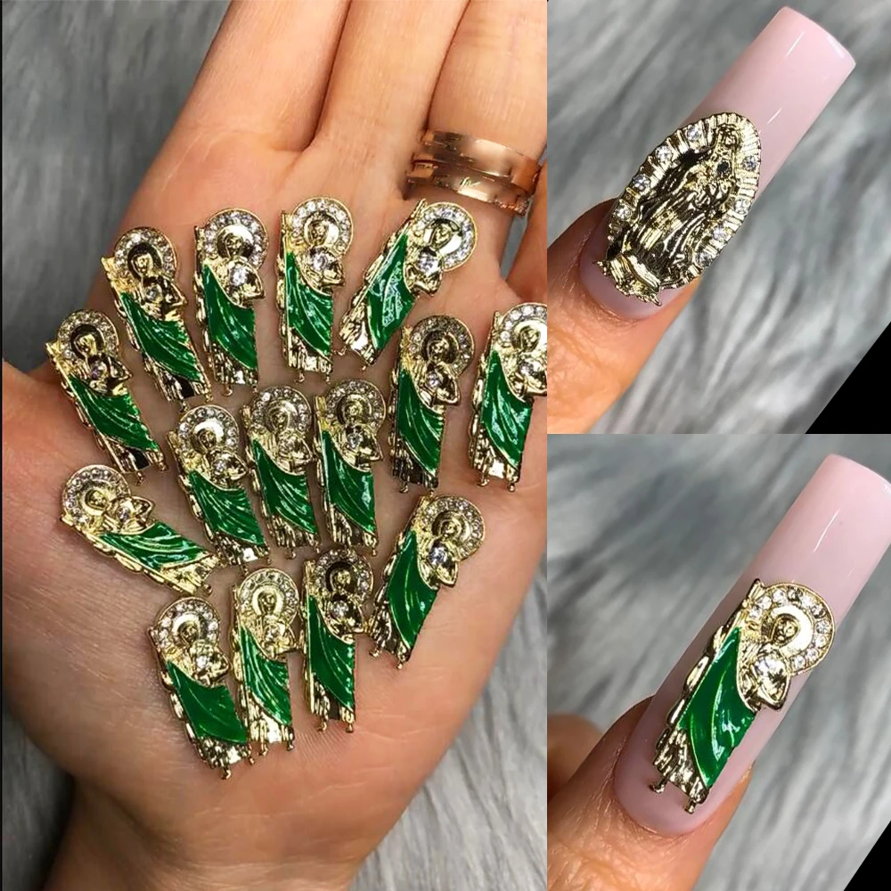 San Judas-dijes para uñas en 3D, accesorio para manicura en 3 colores, verde/plata/oro, la Virgen María, Diamante brillante, joyería de Metal, 10 jE-EH1.