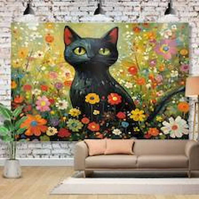 VIKAMA Black Cat Floral Tapestry, Colorful Folk Oil Painting Wall Hanging Home Decor, Vintage Retro Room Decor