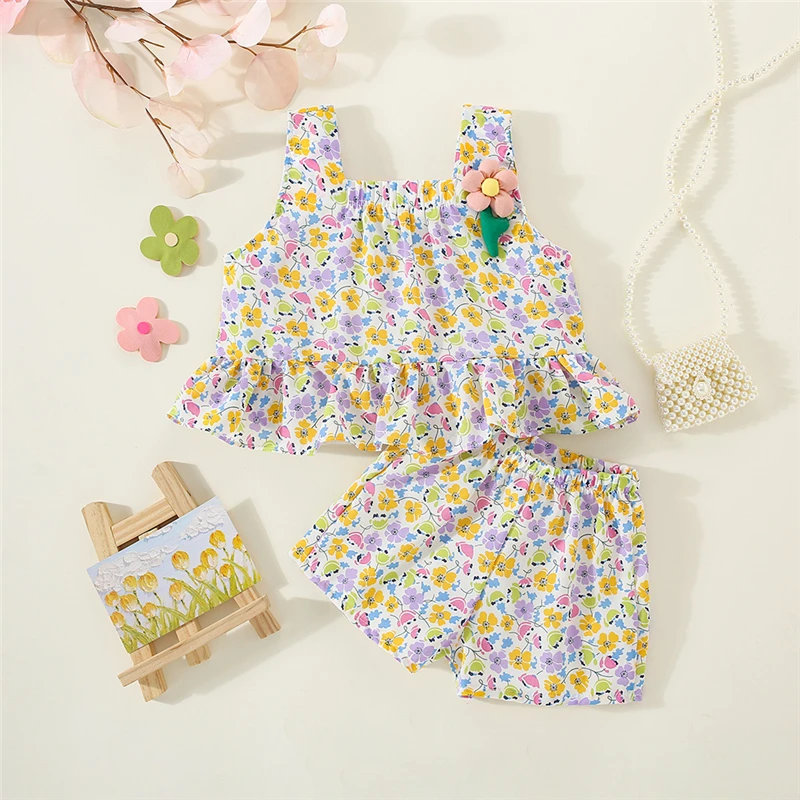 Summer Children's Top And Bottom Clothes Set Fashion Sweet Lovely Floral Shirred Ruffles Vest with Soft Casual Baby Girl Shorts