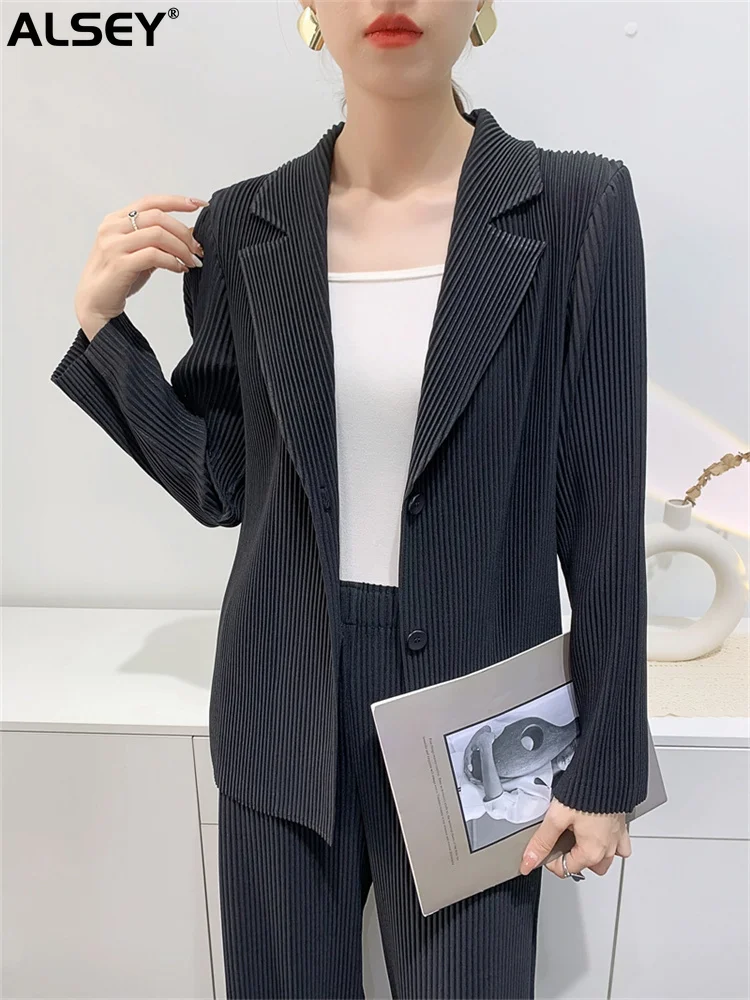 ALSEY Miyake Toothpick Pleated Casual Suit Women Spring Autumn Design Comfortable Thickened Pleated Long-sleeved Jacket