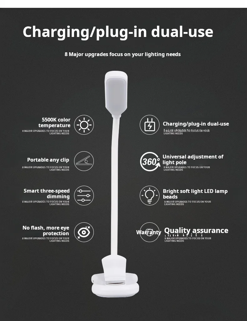 Rechargeable Book Light Mini LED Reading Light 3-Level Warm Cool White Flexible Easy Clip Lamp Read Night Reading Lamp in Bed