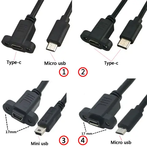 1ft Micro USB USB 2.0 Złącze męskie do USB 2.0 żeńskie typu c Rozstaw kabla przedłużającego 17 mm Z śrubami Otwór do montażu panelowego 0,3 m