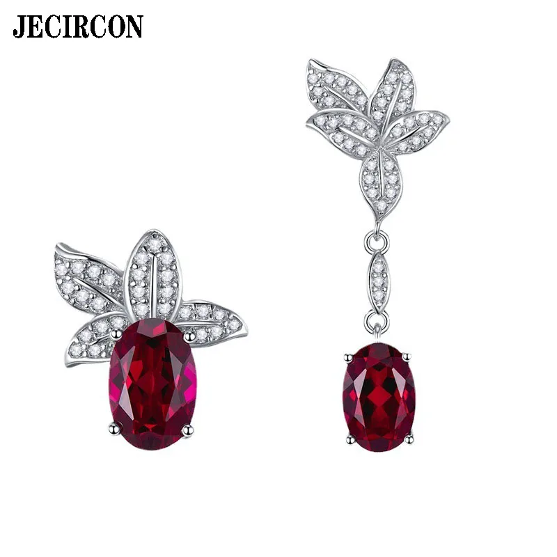 

JECIRCON S925 Sterling Silver High Carbon Diamond stud Earrings 7*9mm Red Pendant Simple Personalized Fashion Asymmetric Jewelry