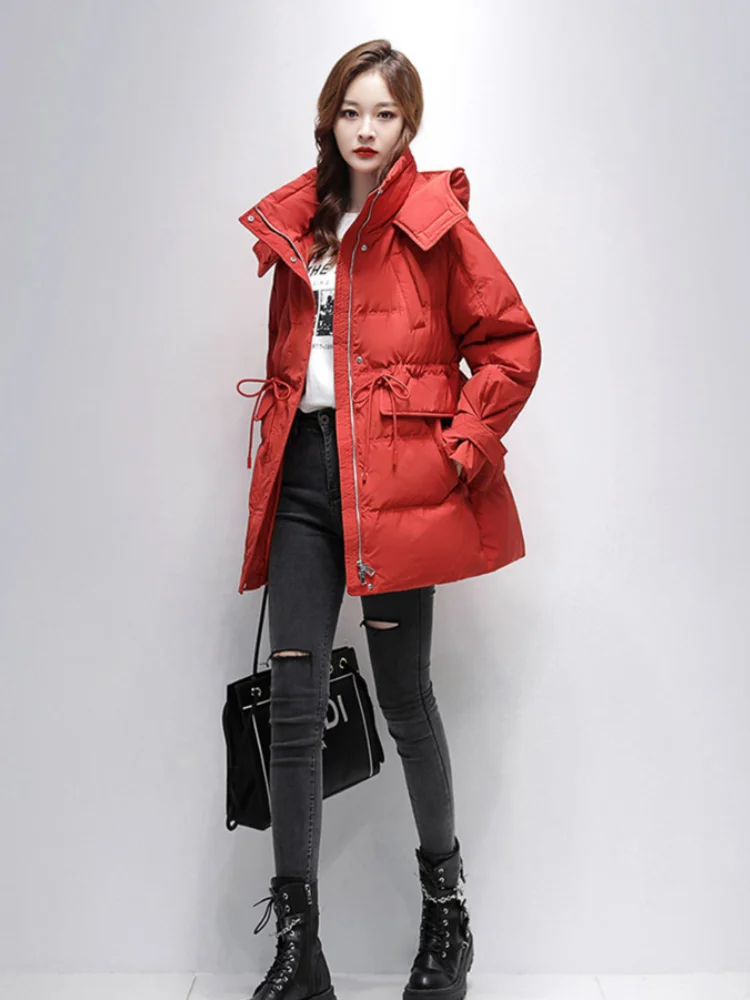 Women's Warm Loose Duck Down Jackets, Long Thickened Slim WaistParkas, Stand Collar Hooded Jackets, Casual Fashion, Winter, 2024