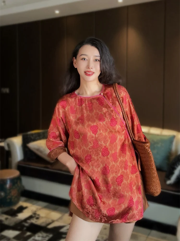 

New Chinese Sle Loose Women's irt Xiangyun Silk Cucumber Pattern Embroidery round Ne Five Sve Traditional Commute Fa...