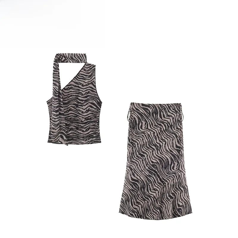 Fashionable Animal Print Scarf Top And Midi Skirt Set Women's Autumn New Arrival Elegant Versatile Ensemble for Ladies