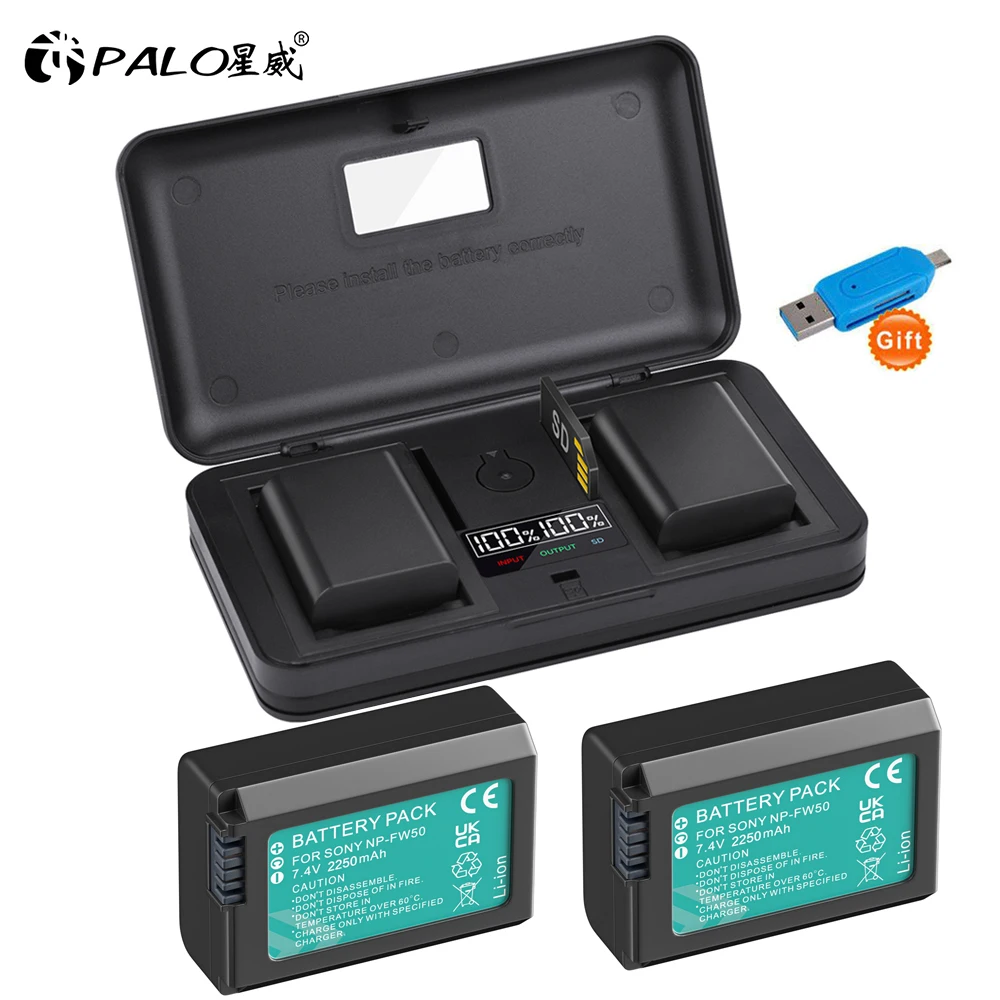 2250mAh NP-FW50 NP FW50 Camera Battery+LCD USB Dual Charger for Sony Alpha A6000 A6500 A6300 A6400 A7 A7II A7RII A7SII A7S A7S2