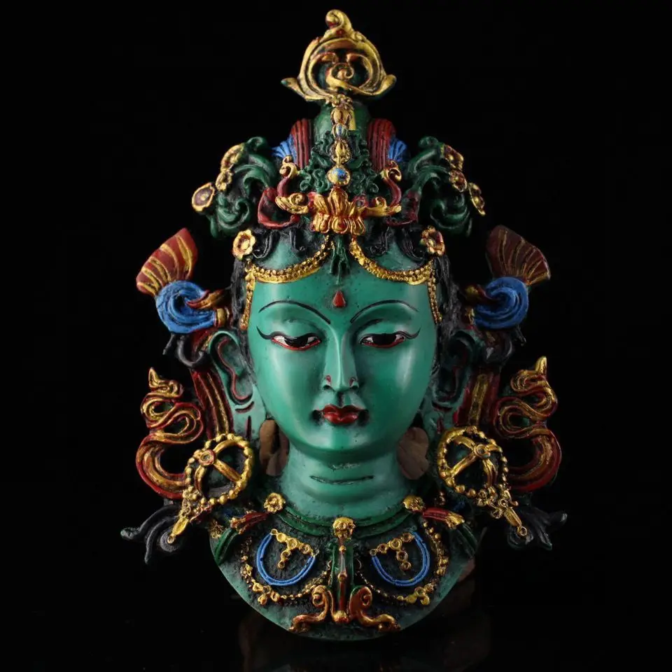 Vintage Xizang Hand-Painted Lacquer Green Tara Wall Mask, Rare Antique Collectible