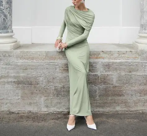 

Women Dress 2026 New Spring Autumn Long Sleeved Solid Color Slim Fit Round Neck Ruched Temperament Elegant Long Dress