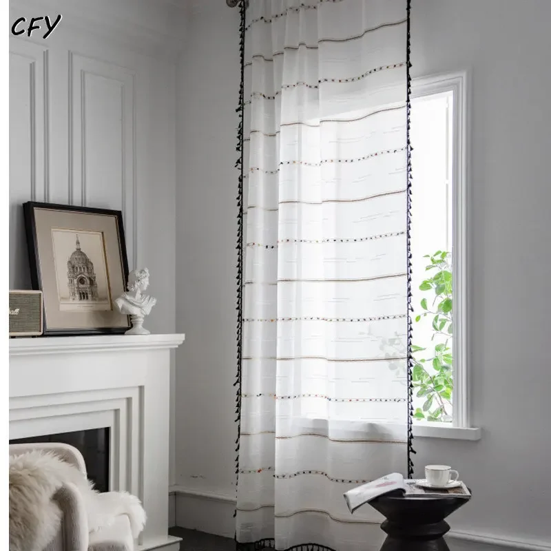 Nordic Style Linen Fabric Black Tassel Window Curtain Semi-shading Drapes for Living Room Bedroom Kitchen Door Drapes