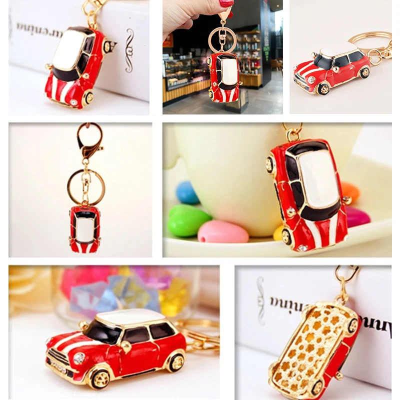 Cute Rhinestone Crystal Red Mini Car Keychain 3d Model Car Key Chain Key Ring Holder Pendant Keyring