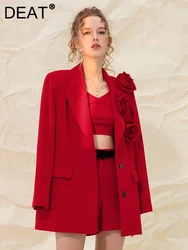 DEAT Women Solid Blazer Coat Lapel Flowers Three-dimensional Single Breasted Loose Spring 2024 New Elegant Lady Fashion 15KB424